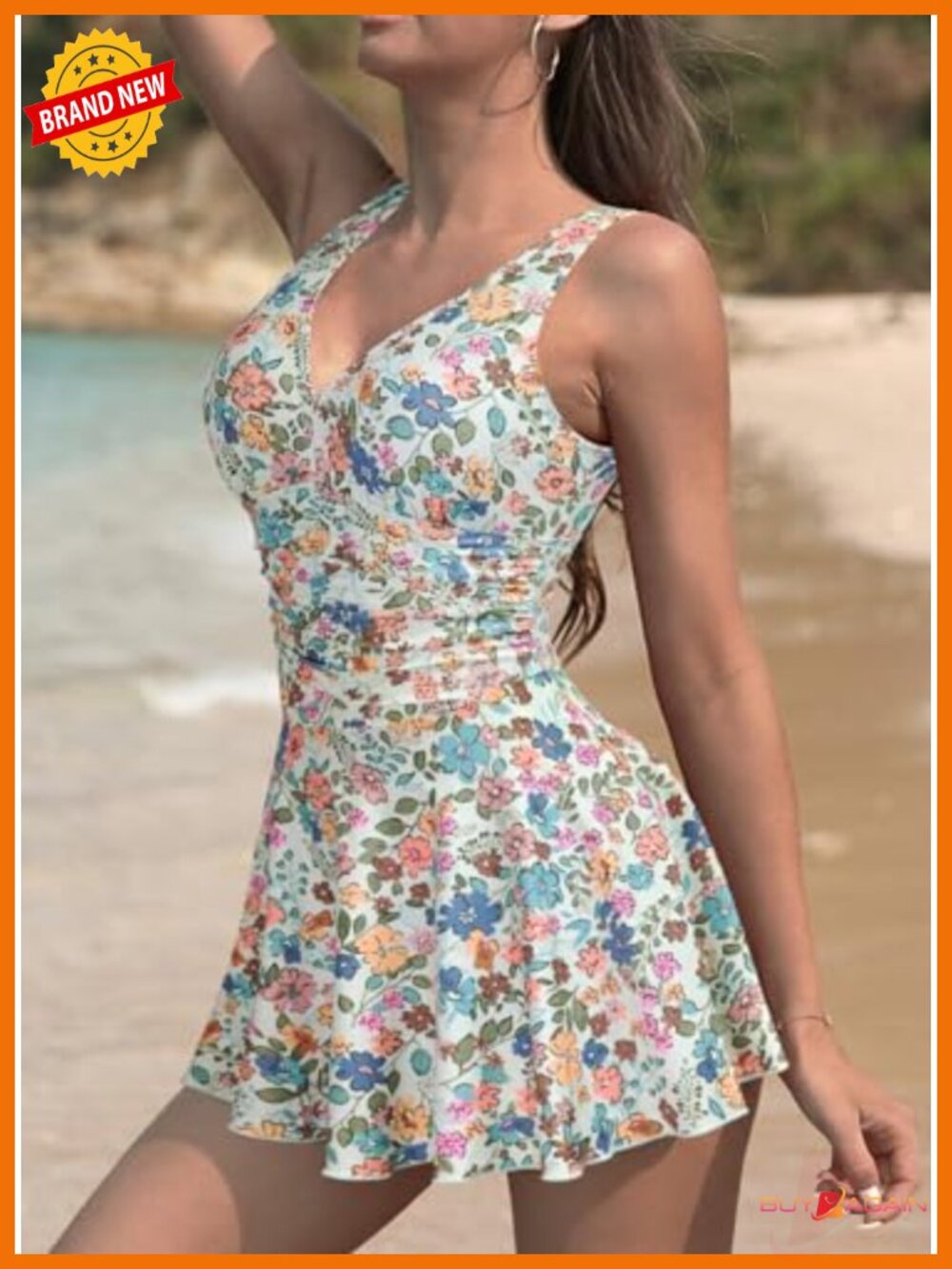 V-Neck Ruched One Piece Swimdress with Tummy Control and Shorts - Picture 2 of 5